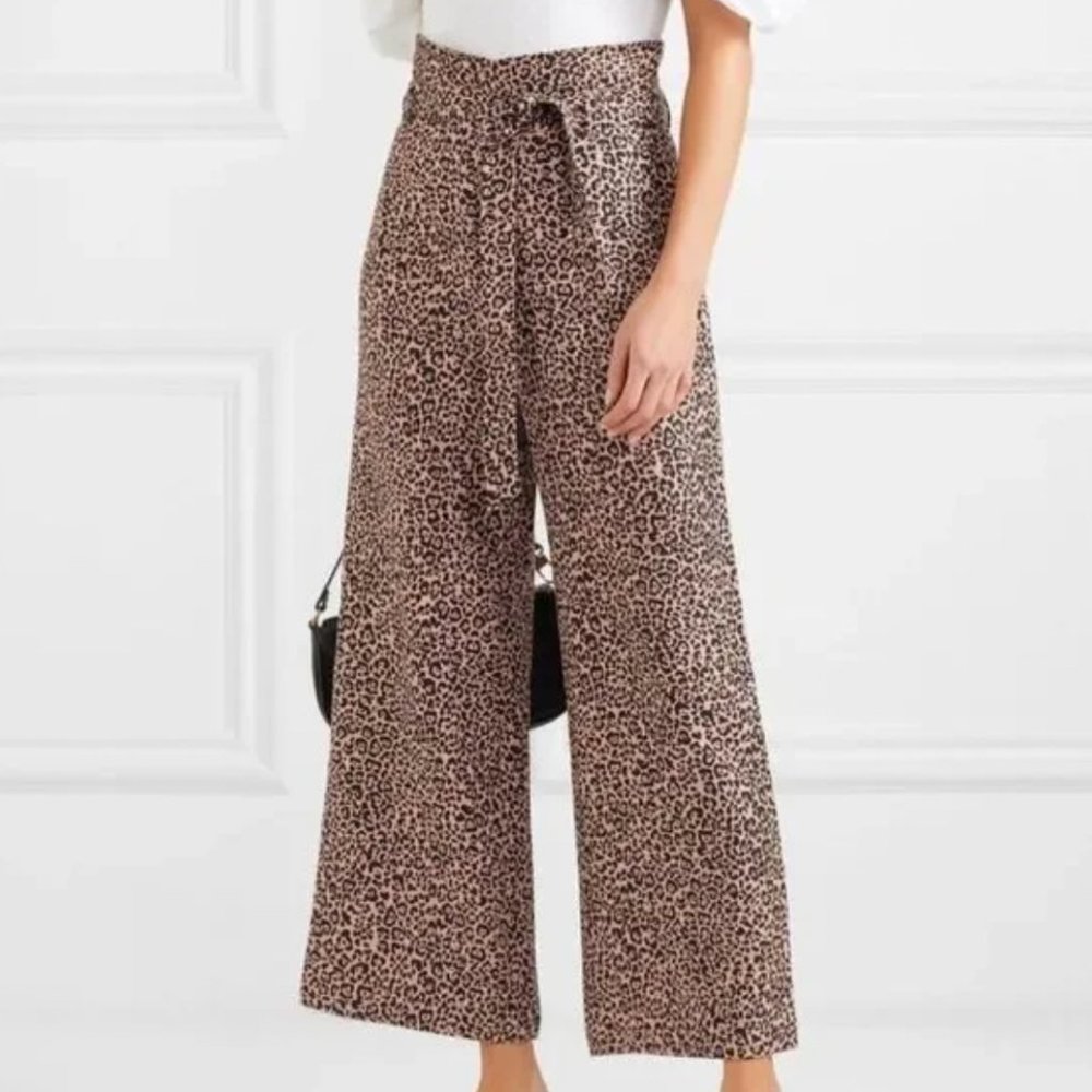 Reformation Jackie Cropped Belted Leopard Print Linen Wide Leg Pant